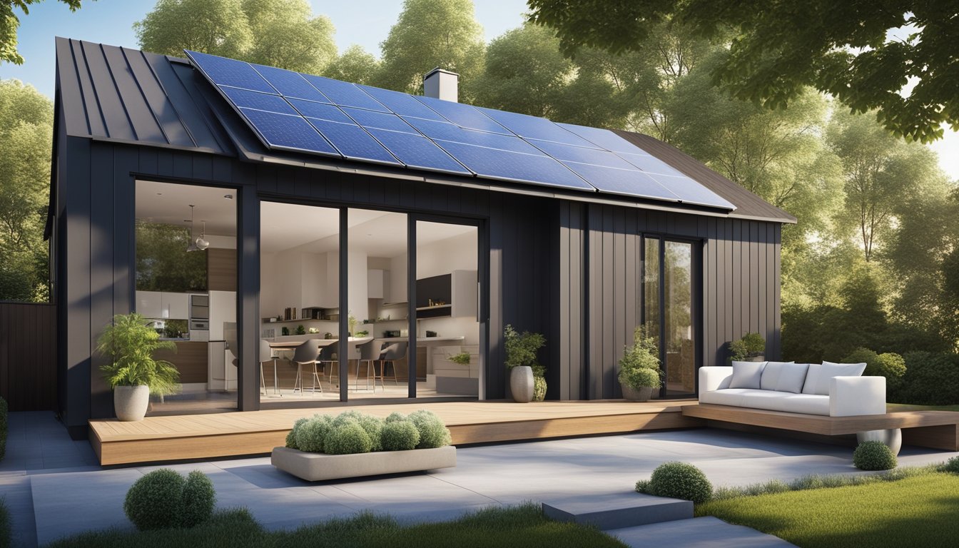 A modern, eco-friendly home with solar panels, smart thermostats, and energy-efficient appliances. Lush green landscaping and a clear blue sky add to the environmental benefits