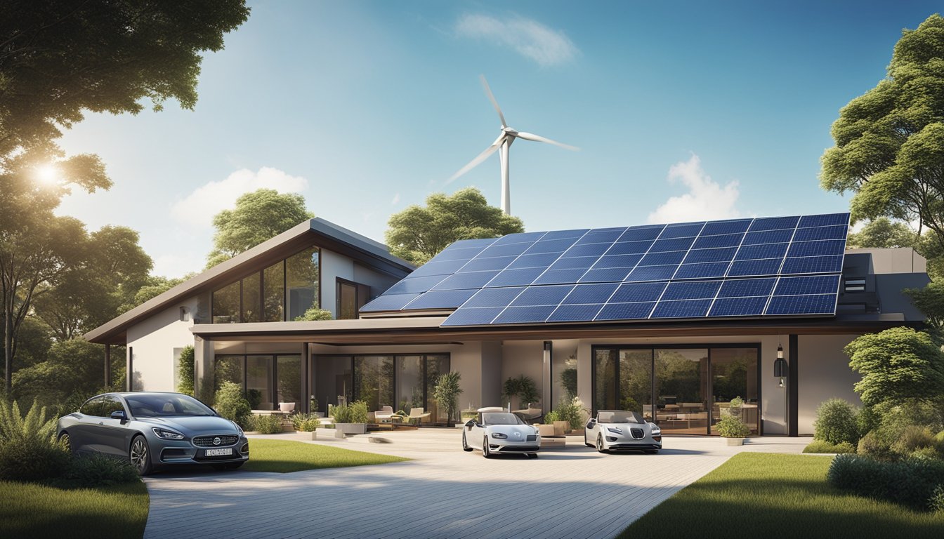 A modern home with solar panels, wind turbines, and smart appliances, surrounded by lush greenery and clear blue skies