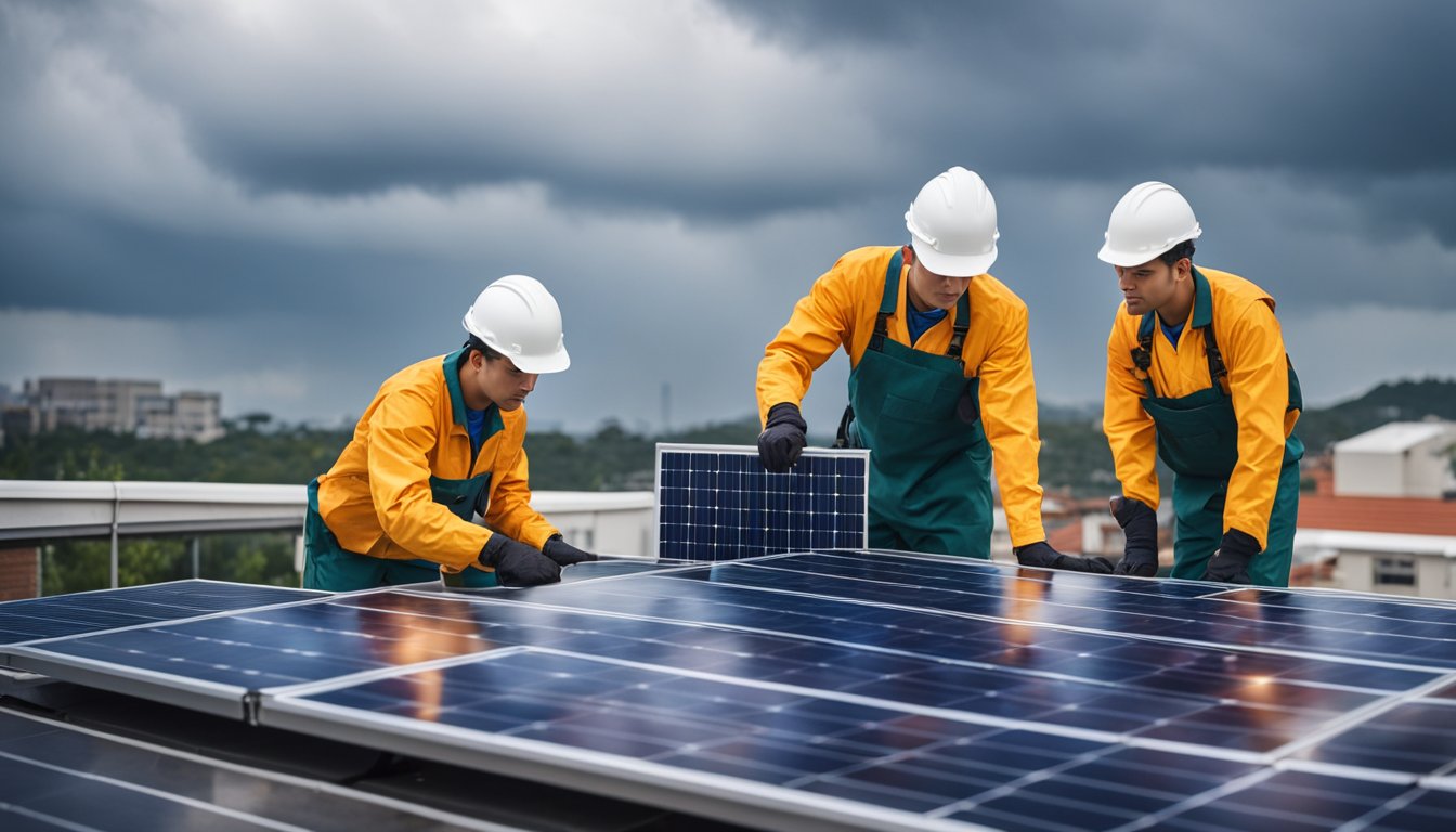 Solar panels on a rooftop, surrounded by cloudy skies and rain, with maintenance workers inspecting and cleaning the panels