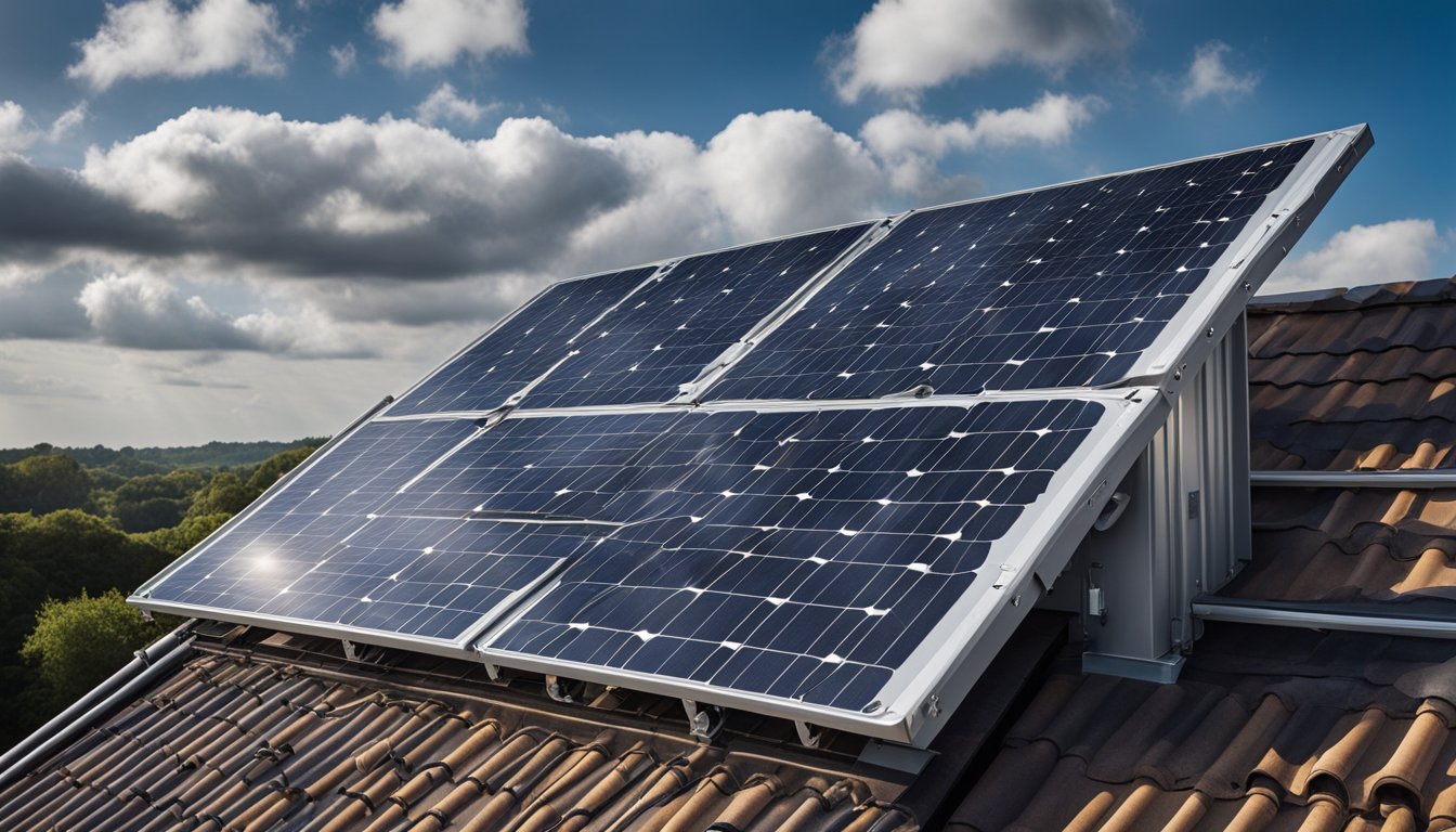 A solar panel on a rooftop under cloudy UK skies, with a measuring device showing fluctuating efficiency levels