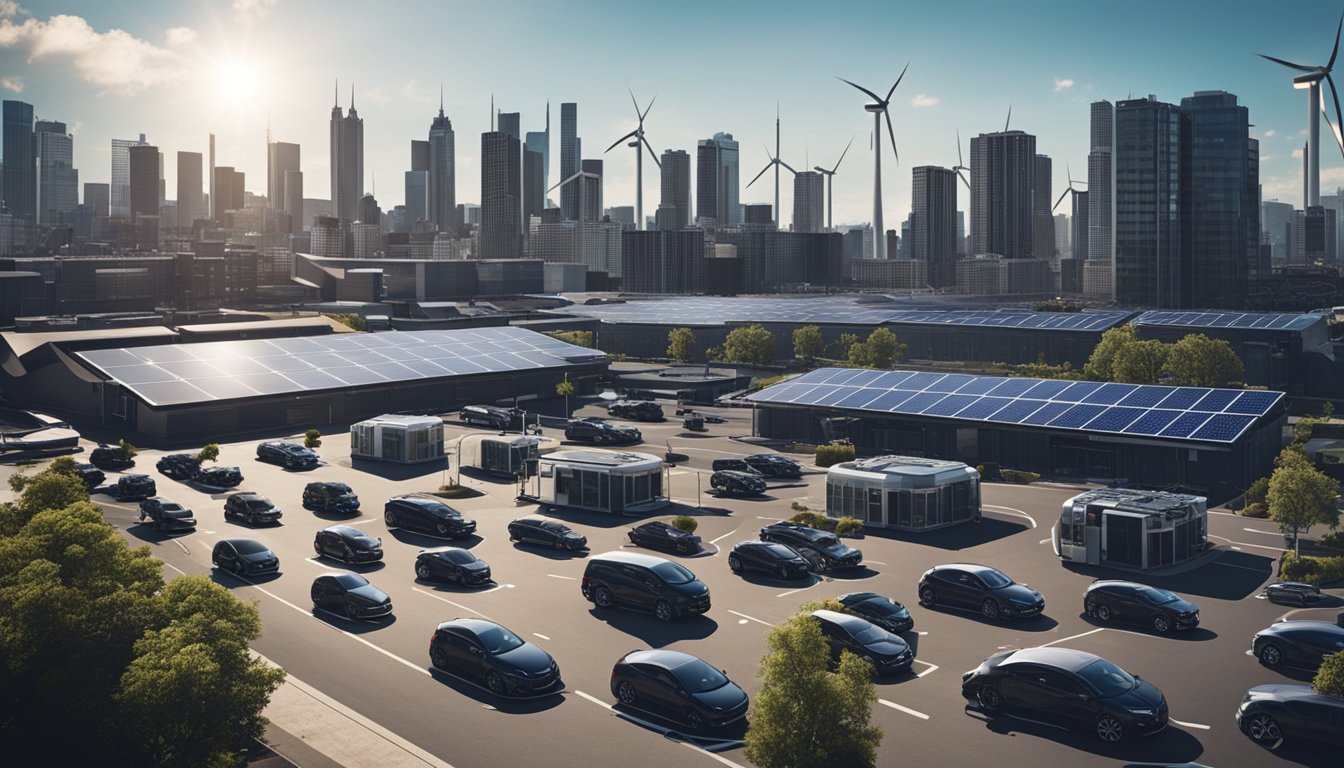 A bustling urban landscape with solar panels on rooftops, wind turbines in the distance, and electric vehicles on the streets