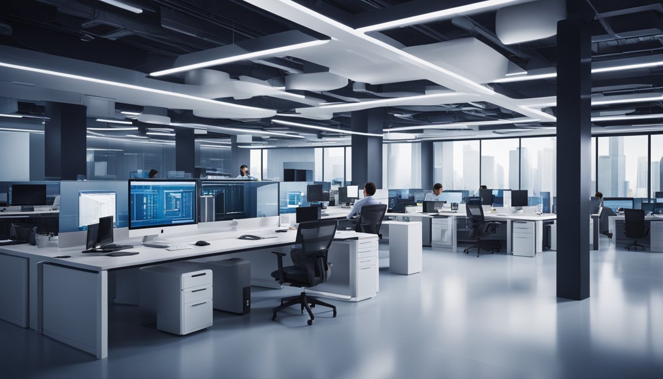 A modern office with people working at their desks, while a futuristic thermal management system regulates the temperature and air flow throughout the space