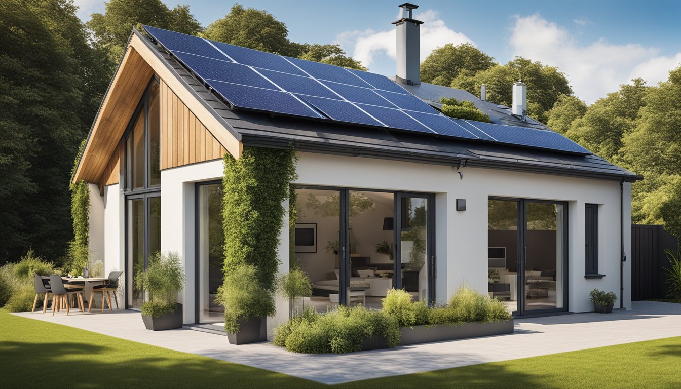 A modern UK home with solar panels integrated into the roof, surrounded by greenery and under a clear blue sky