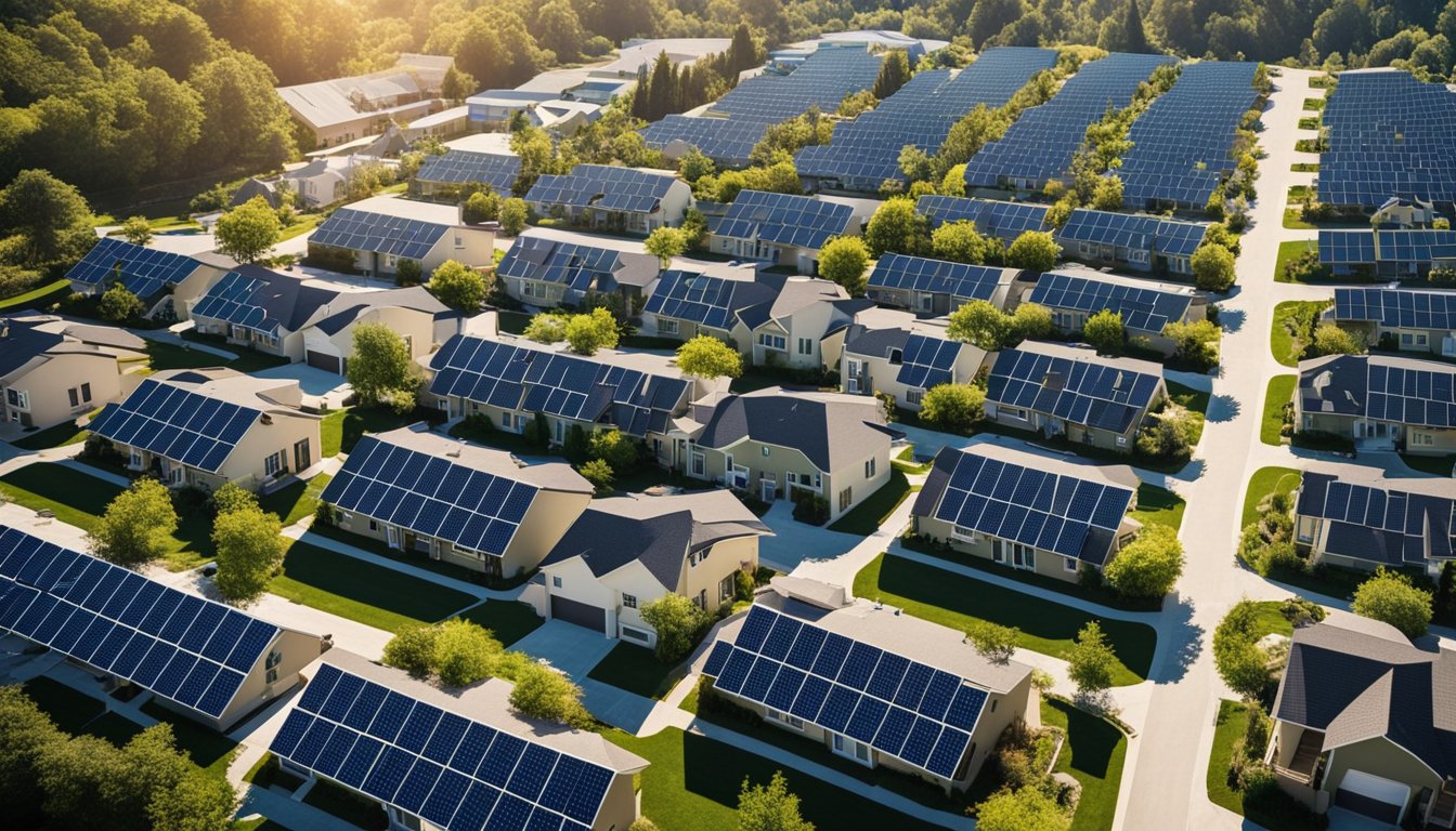 A suburban neighborhood with rows of houses equipped with solar panels, surrounded by greenery and clear skies