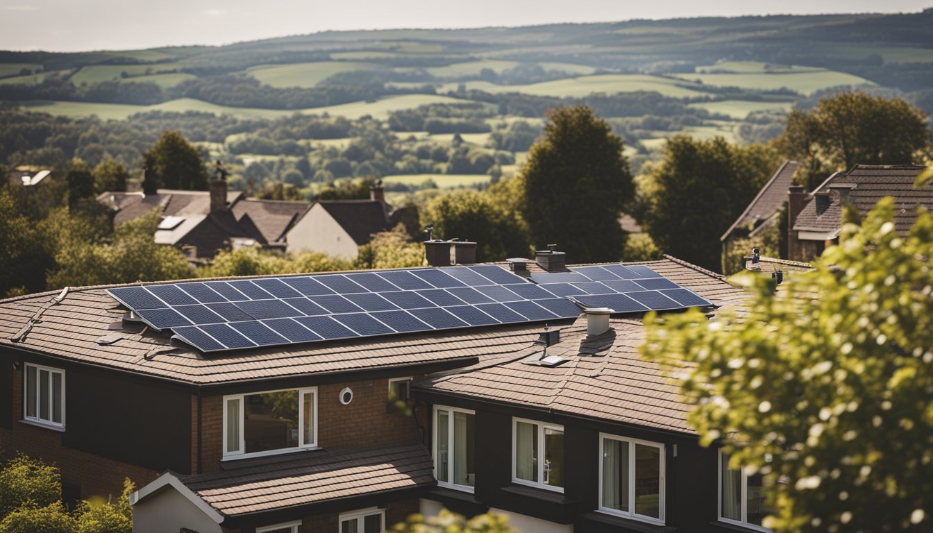 A sunny rooftop with solar panels, surrounded by a modern UK home