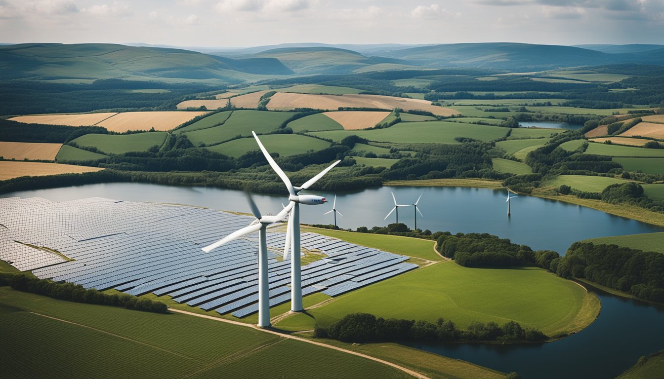 A landscape with wind turbines, solar panels, and hydroelectric dams in the UK countryside