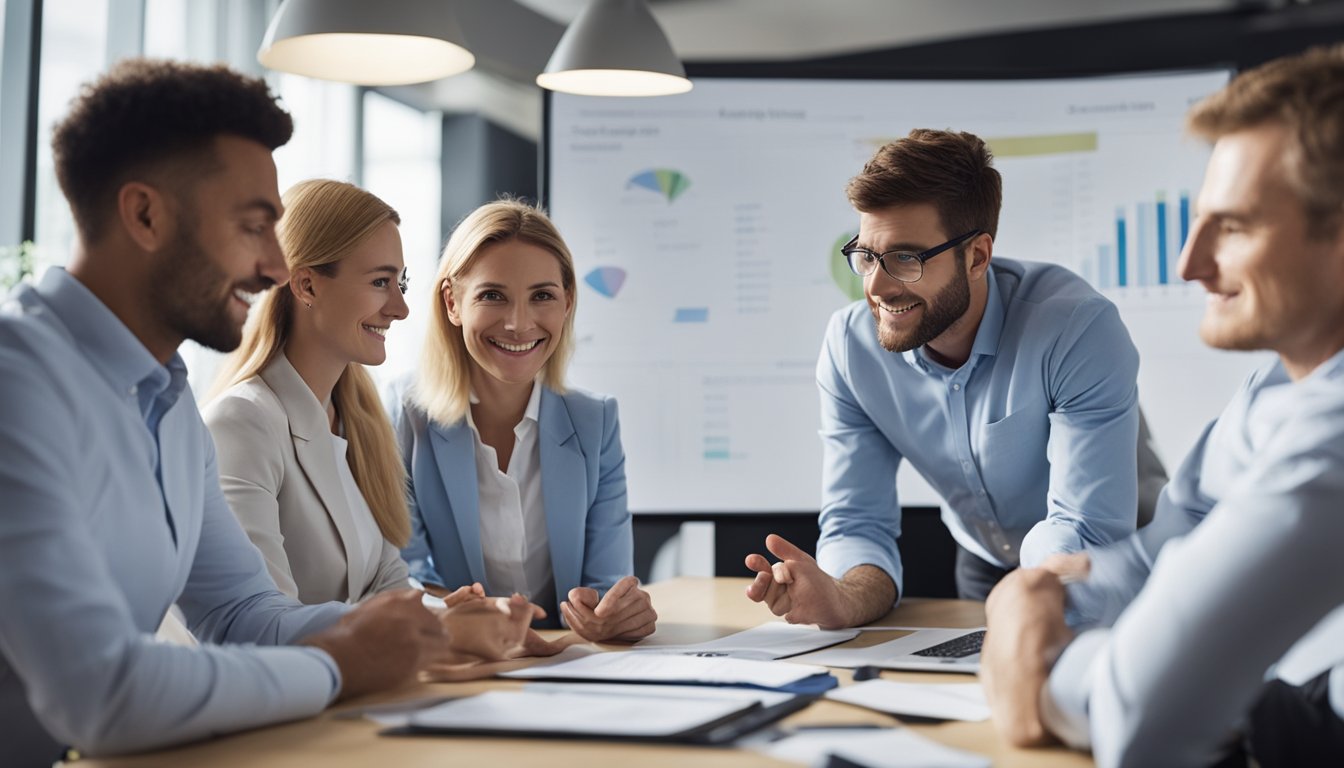 A group of people gathered around a table, discussing renewable energy career options in the UK. Charts and graphs are displayed on the wall behind them