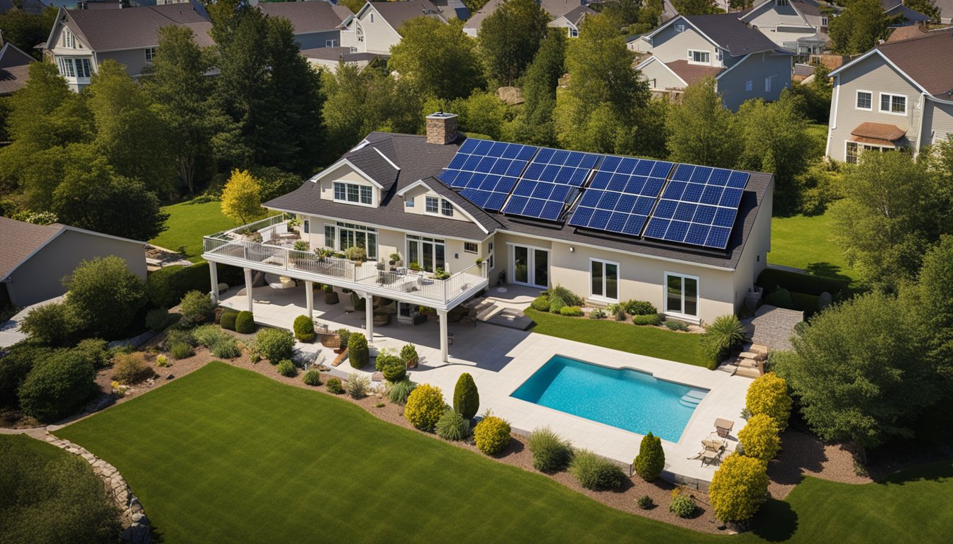 A suburban home with solar panels on the roof and a wind turbine in the backyard, both generating energy under a clear sky