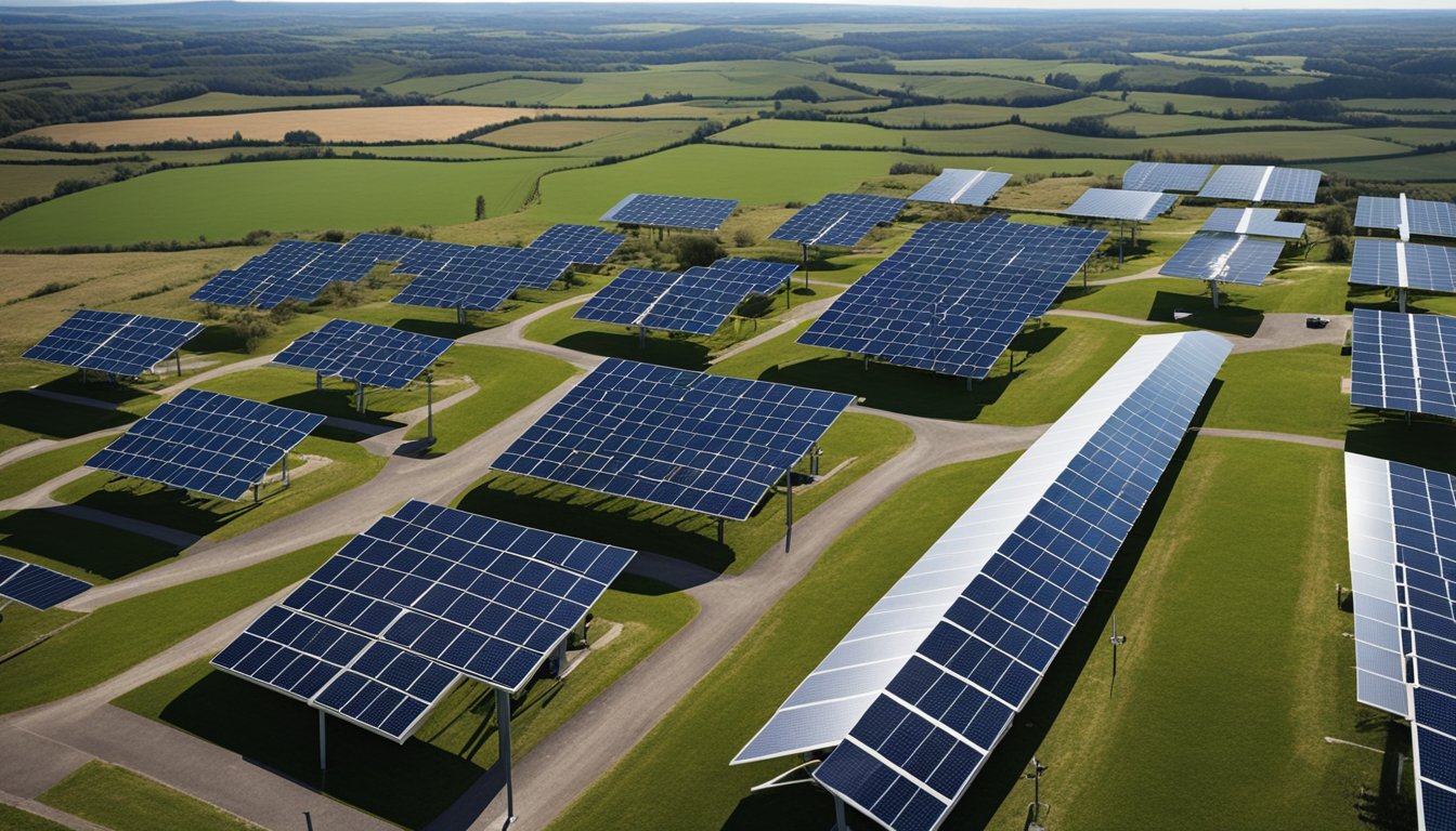 A sunny and windy day in the UK, with solar panels on rooftops and wind turbines in the distance