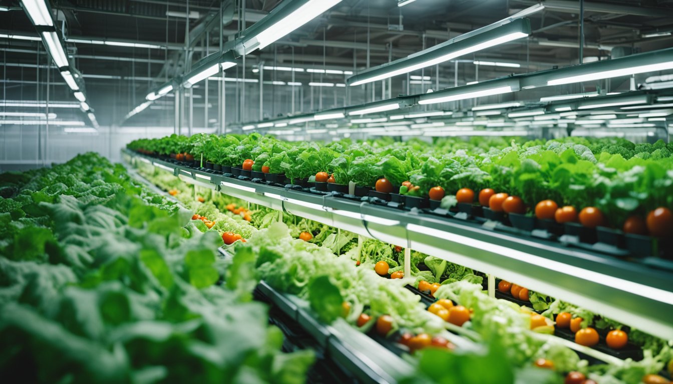 A bustling vertical farm in the UK, with rows of leafy greens and ripe tomatoes growing under artificial lighting, while workers tend to the crops and high-tech machinery hums in the background