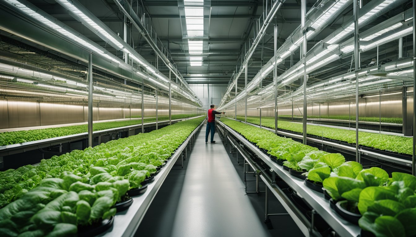 A modern vertical farming facility with rows of leafy greens and vegetables, utilizing sustainable technology and methods in the UK