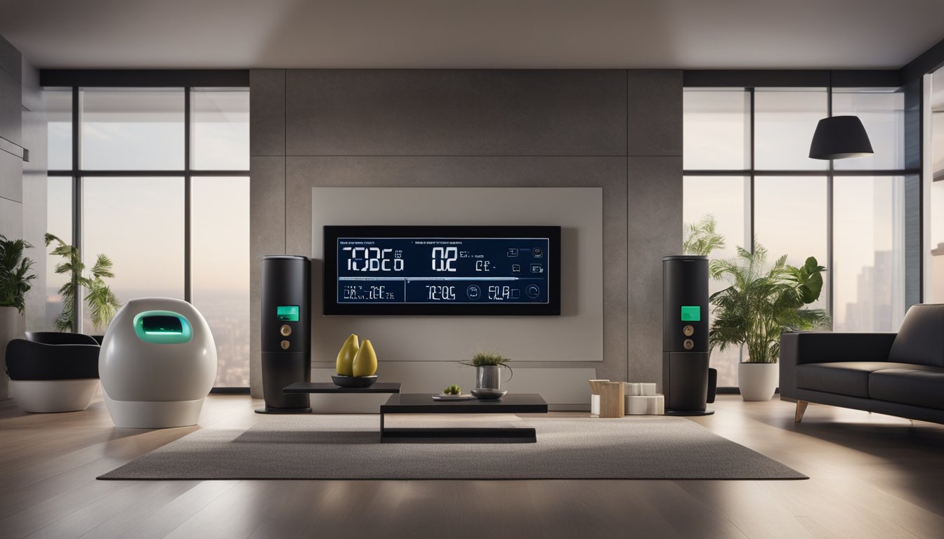 A modern home with smart meter displaying real-time energy usage on a sleek digital interface, alongside various connected appliances and renewable energy sources