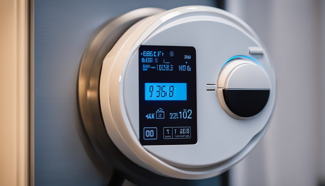 An innovative smart meter installed in a modern UK home, with various electrical appliances and devices connected, displaying real-time energy usage and cost savings