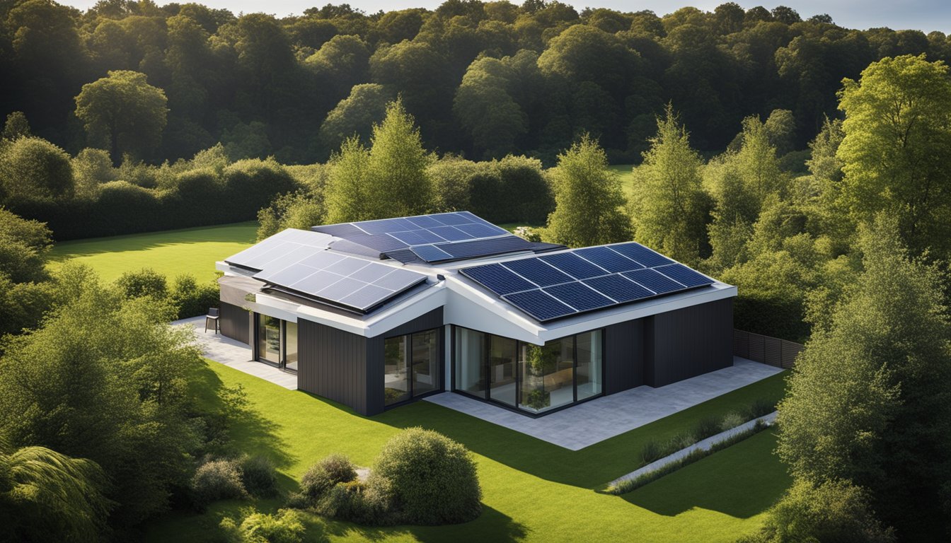 A modern UK home with energy-efficient appliances and smart technology, surrounded by greenery and solar panels on the roof