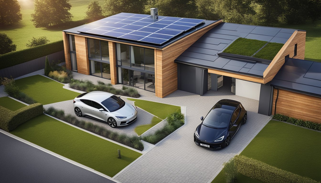 A modern home in the UK with solar panels on the roof, a wind turbine in the yard, and an electric car charging in the driveway