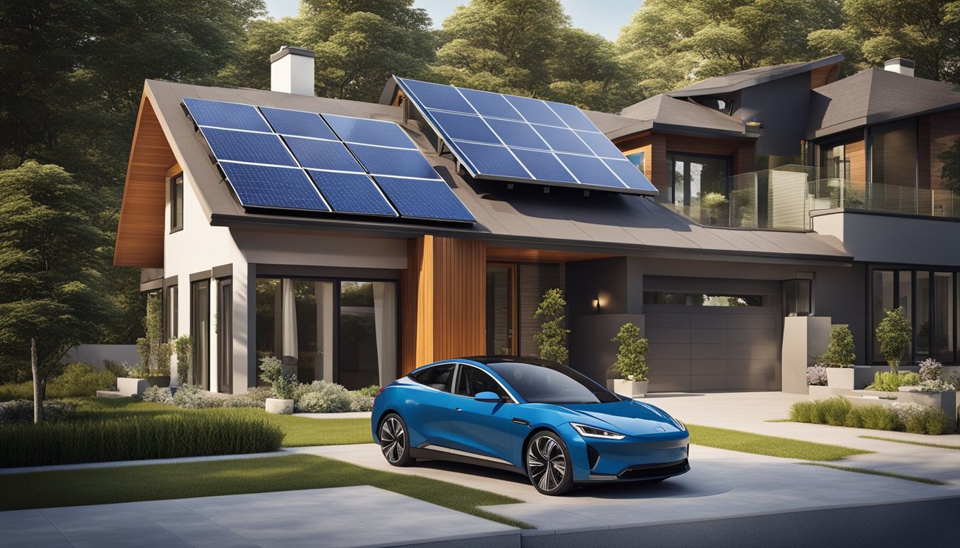 A modern home with solar panels on the roof, a wind turbine in the backyard, and an electric car charging in the driveway