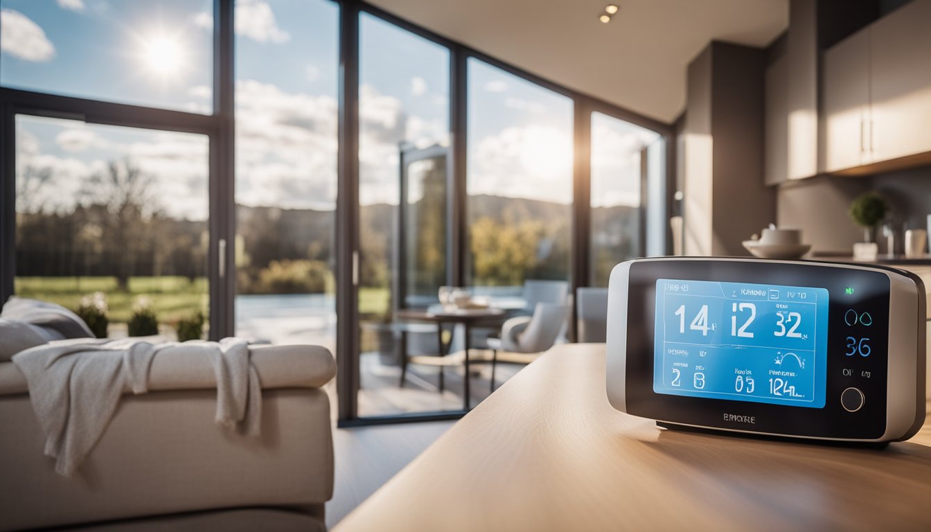 A cozy UK home with energy-efficient appliances, smart thermostats, and insulated windows. Renewable energy sources like solar panels and wind turbines in the background