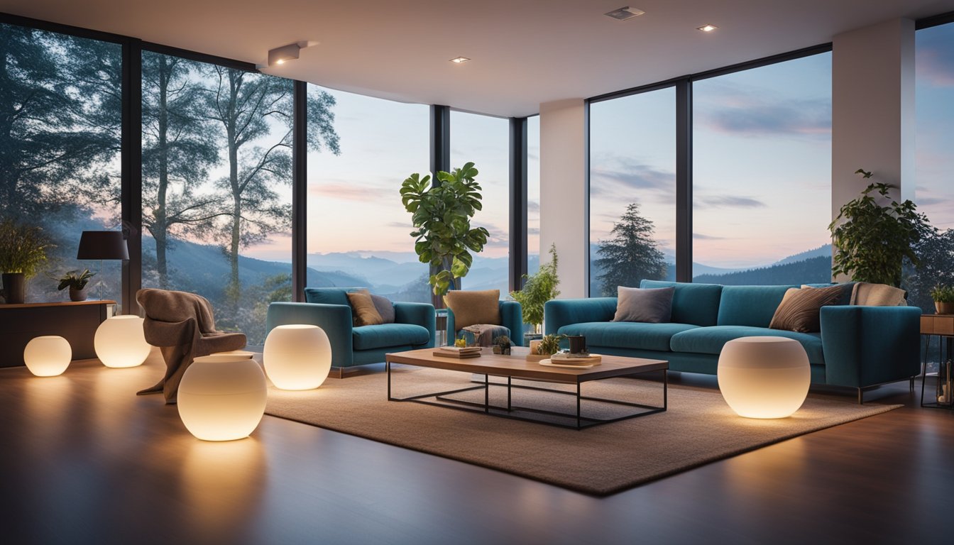 A cozy living room with energy-efficient appliances and windows, LED lighting, and insulated walls