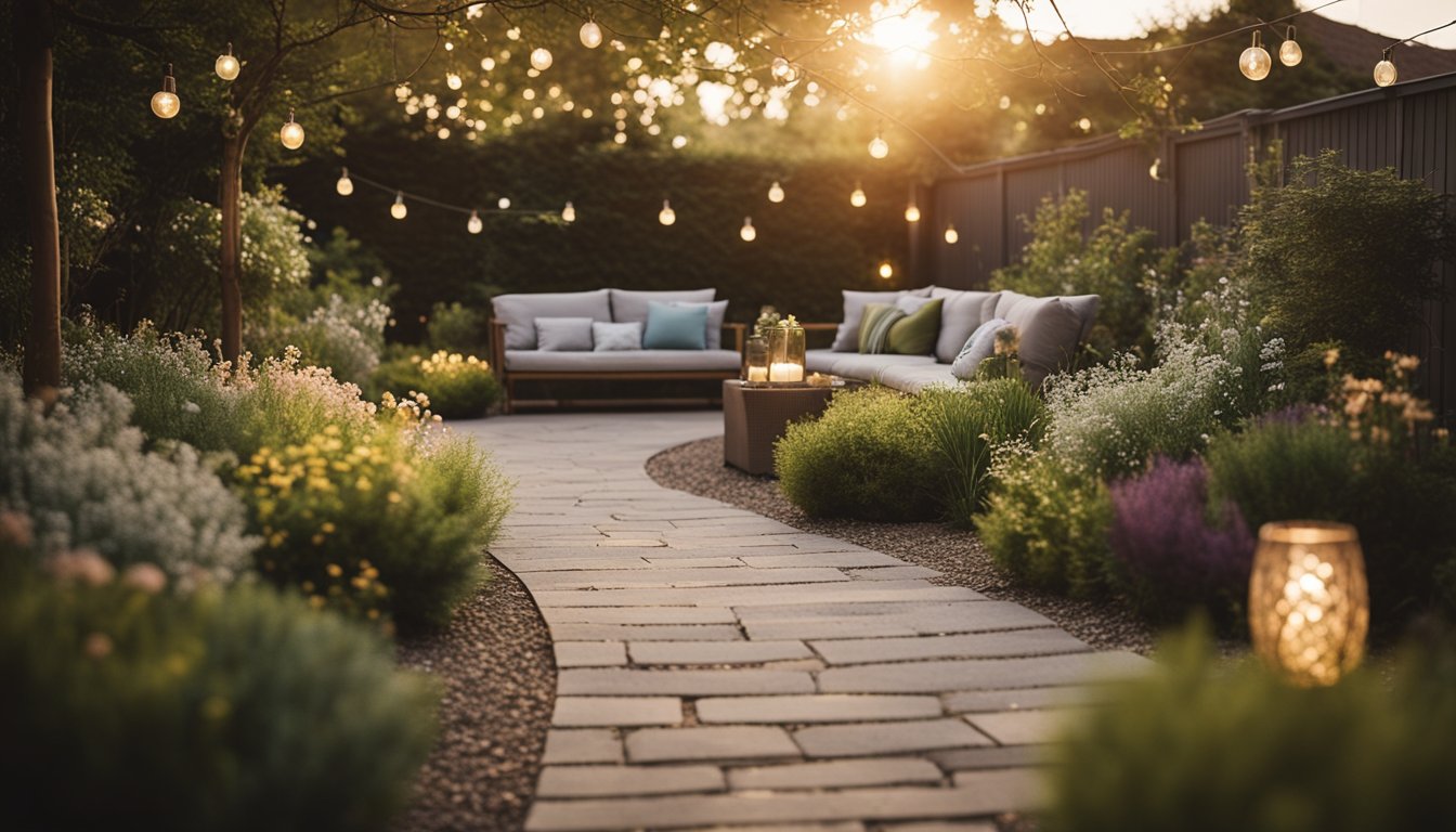 A cozy backyard garden with soft, warm lighting illuminating the pathways, plants, and seating areas, creating a charming and energy-efficient atmosphere for UK homes