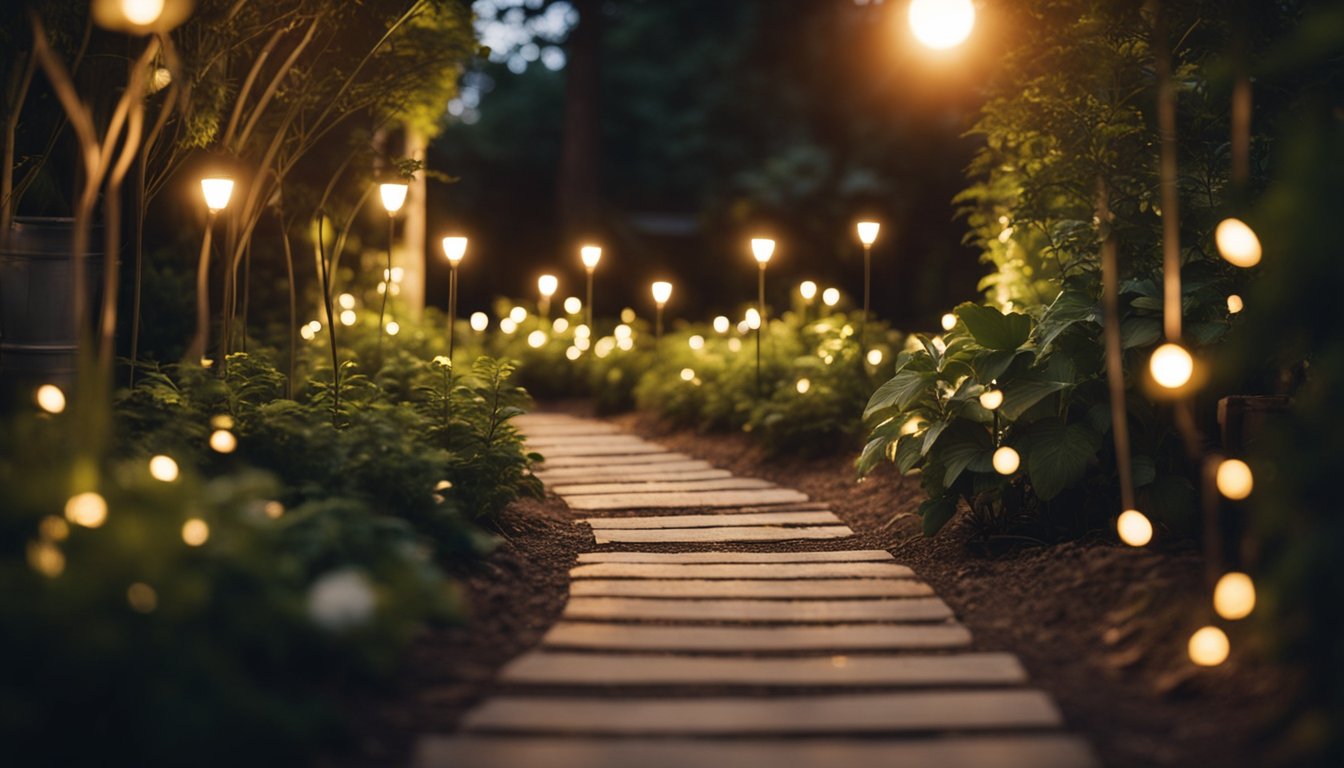 A garden at dusk, with warm LED lights illuminating the path and highlighting the features of the plants and trees. Solar-powered lanterns and fairy lights add a magical ambiance