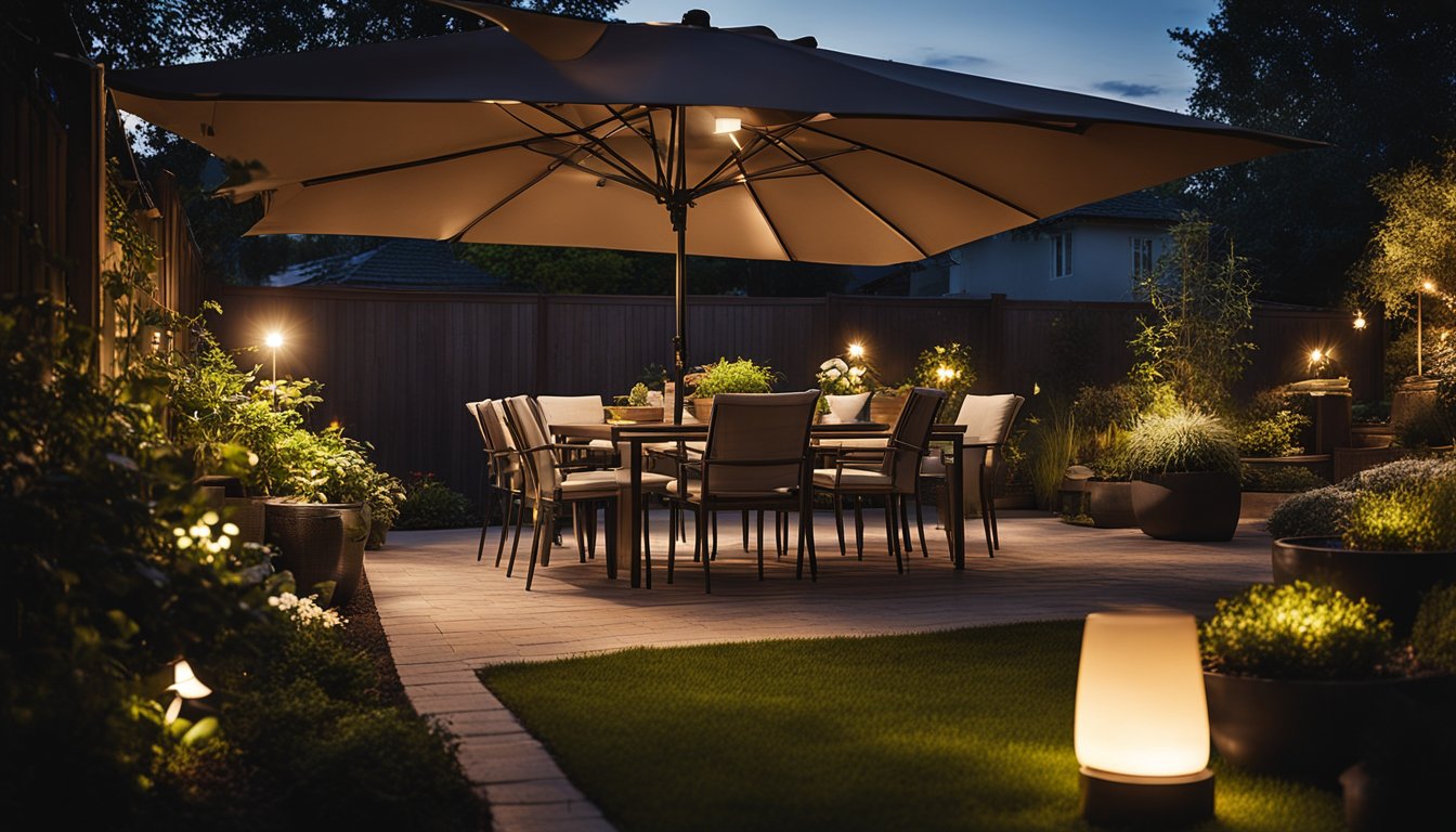 A cozy backyard garden at dusk, illuminated by a variety of energy-efficient outdoor lighting fixtures, casting a warm and inviting glow over the space