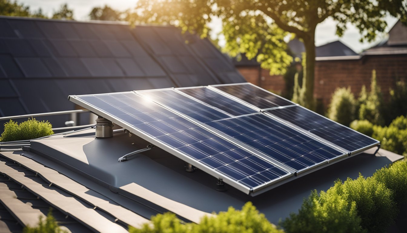 A solar panel on the roof of a UK home, connected to a modern water heating system, with greenery and eco-friendly elements in the background