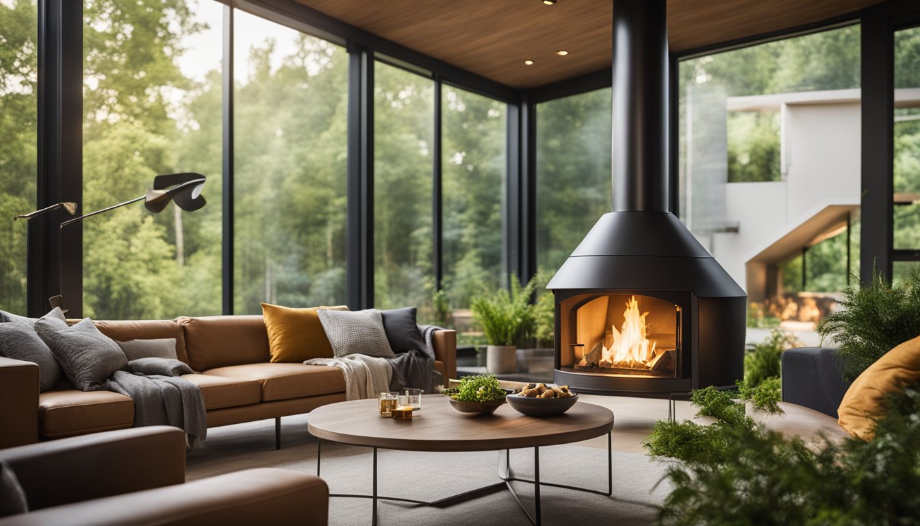A cozy living room with a fireplace burning biomass fuel, surrounded by happy and warm family members. Outside, a modern and sustainable biomass fuel production facility stands tall against a backdrop of lush greenery