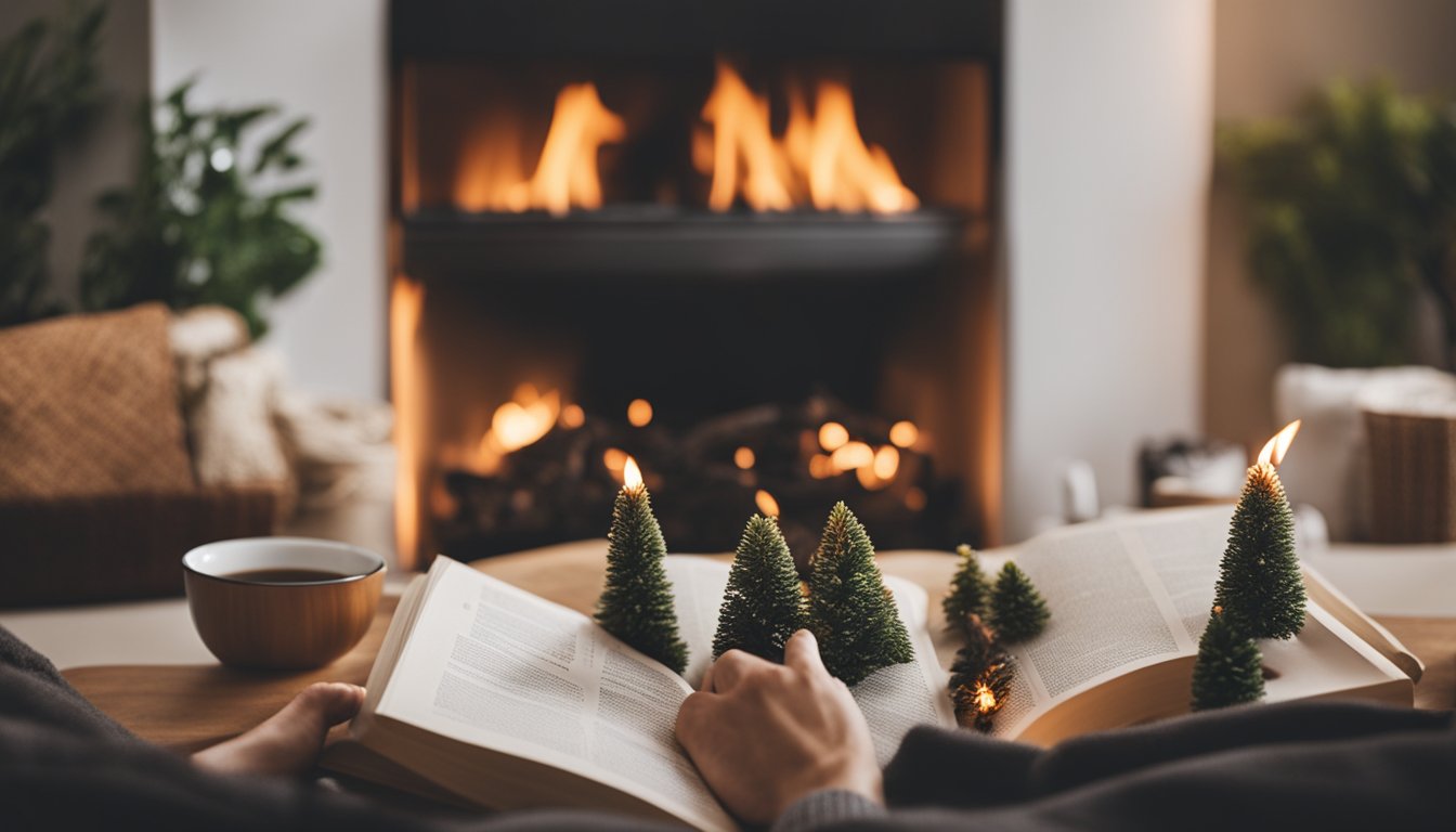 A cozy living room with a fireplace burning biomass fuel, surrounded by a family reading and relaxing