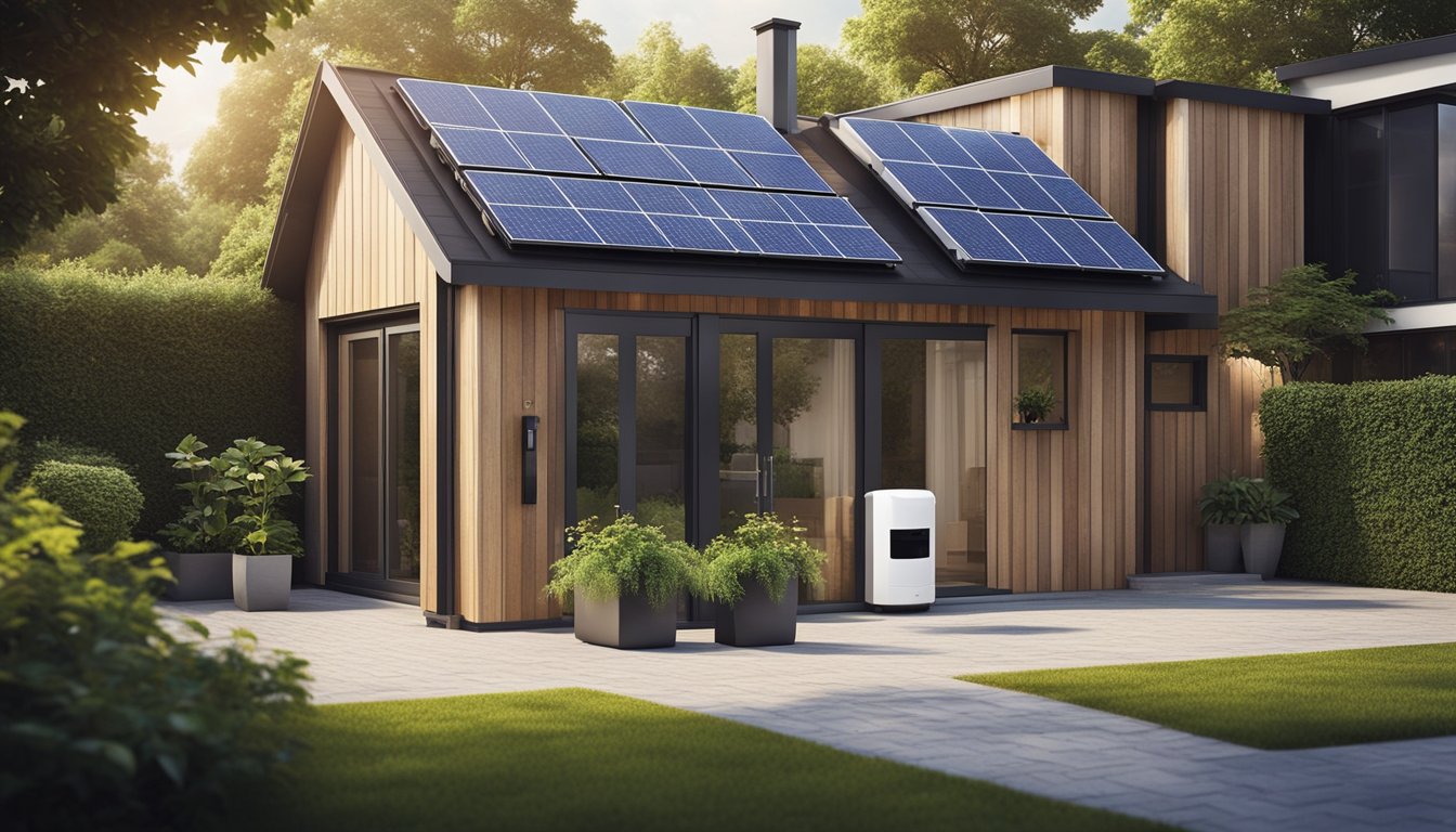 A modern home with solar panels, smart thermostats, and double-glazed windows, surrounded by a lush garden and recycling bins