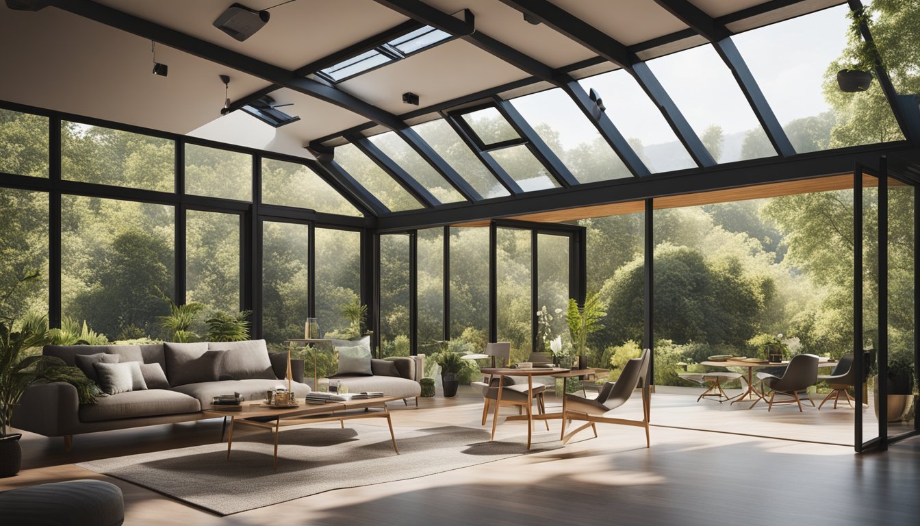 A modern, eco-friendly home with solar panels, smart thermostats, and energy-efficient appliances. The house is surrounded by lush greenery and has large windows to maximize natural light
