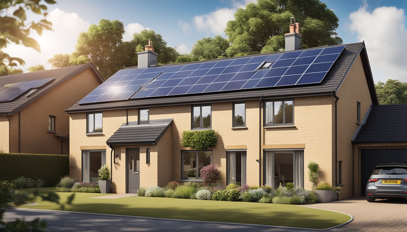 A modern UK home with solar panels, smart thermostats, and energy-efficient appliances
