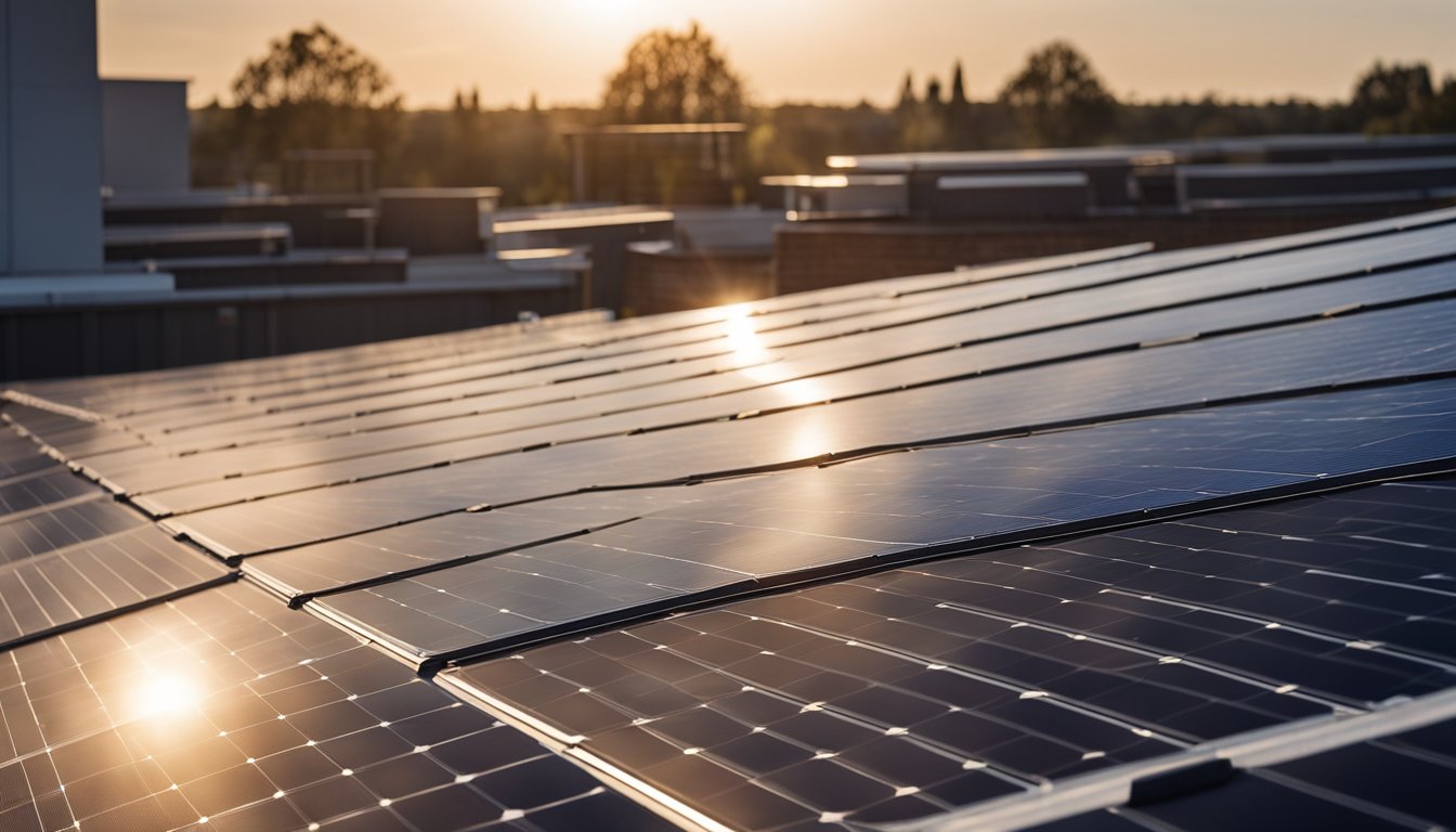 A row of modern solar panels installed on a rooftop in the UK, with the sun shining down and casting a warm glow on the panels