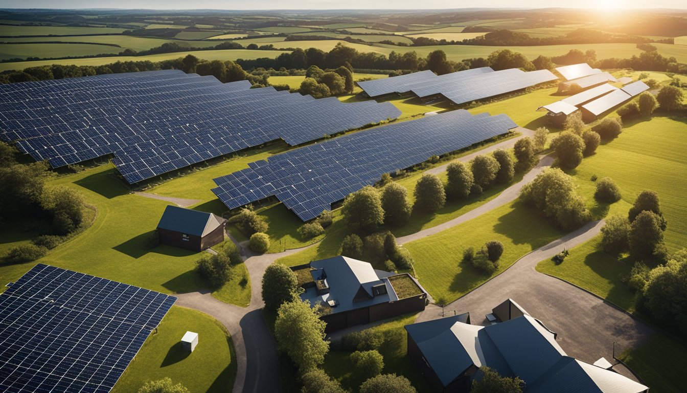 A sunny landscape with solar panels on rooftops, wind turbines, and people discussing renewable energy trends in the UK