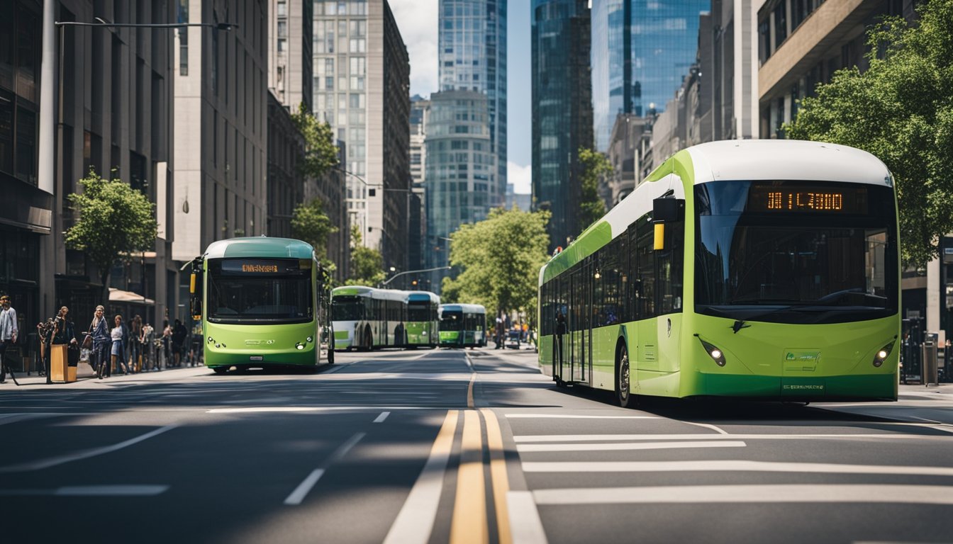 A bustling city street with electric buses, cyclists, and pedestrians. Greenery and bike lanes line the road. A tram glides past modern buildings