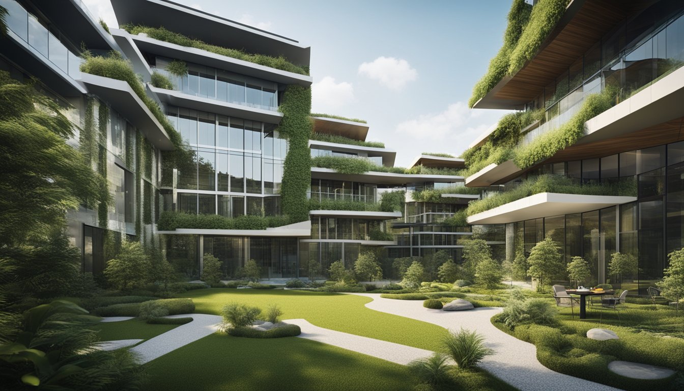 A modern and sustainable building with innovative green materials, surrounded by lush greenery and renewable energy sources