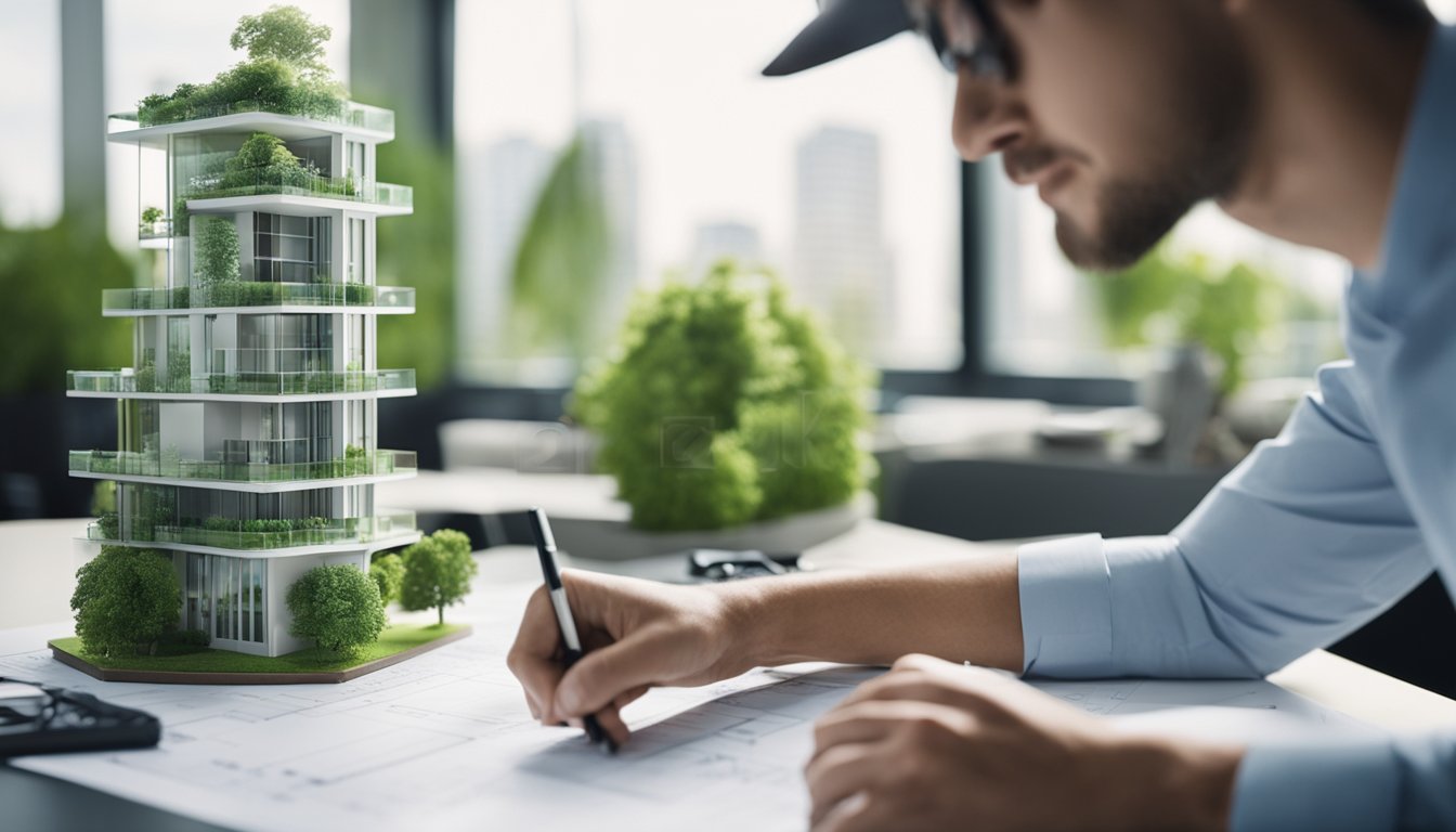 An architect sketching sustainable buildings with green features, surrounded by modern design tools and blueprints
