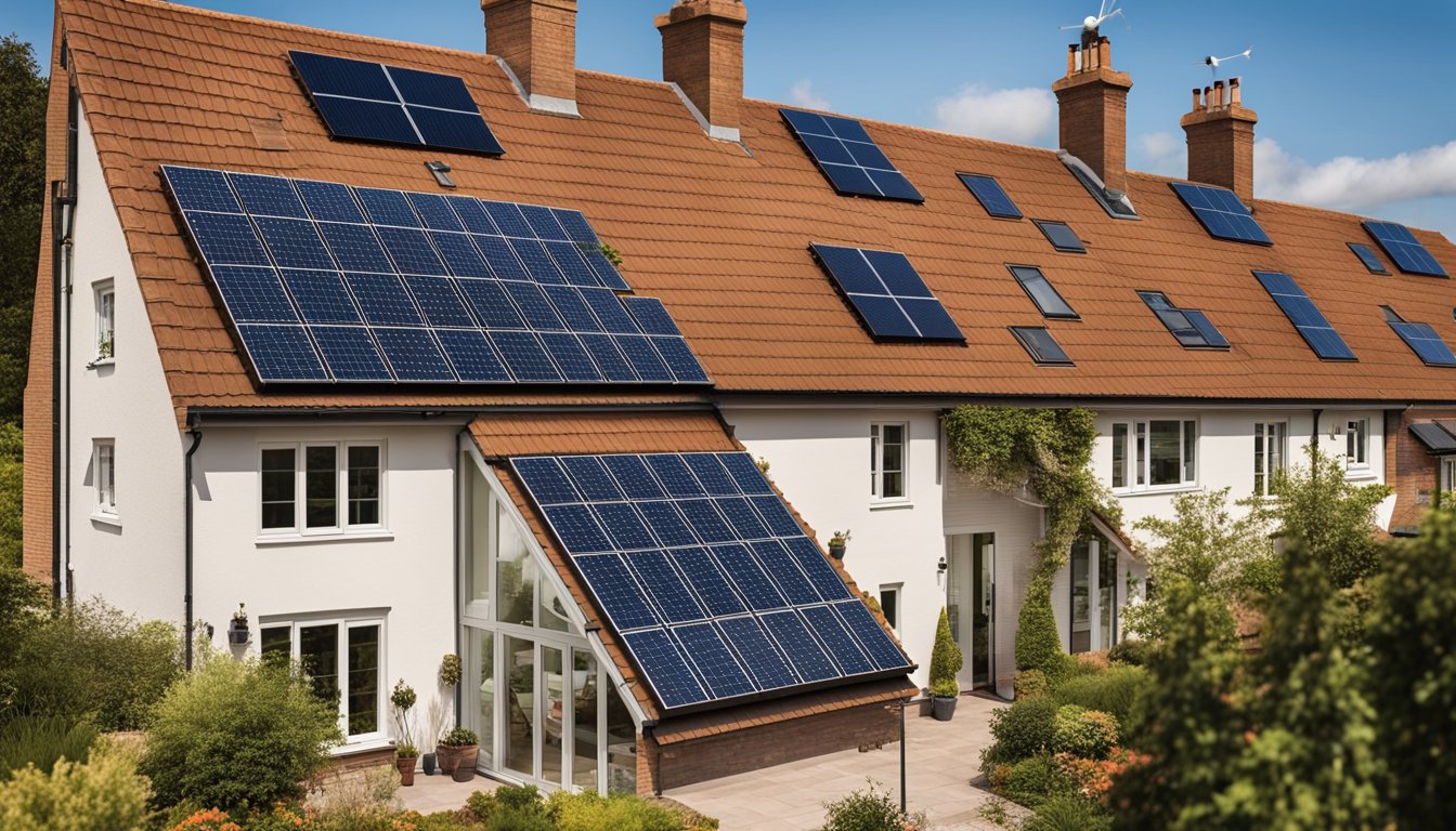 A cozy UK home with solar panels on the roof, a wind turbine in the yard, and energy-efficient windows and insulation