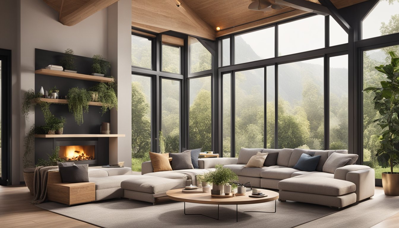A cozy living room with a fireplace, large windows, and energy-efficient appliances. Solar panels on the roof and a lush garden outside
