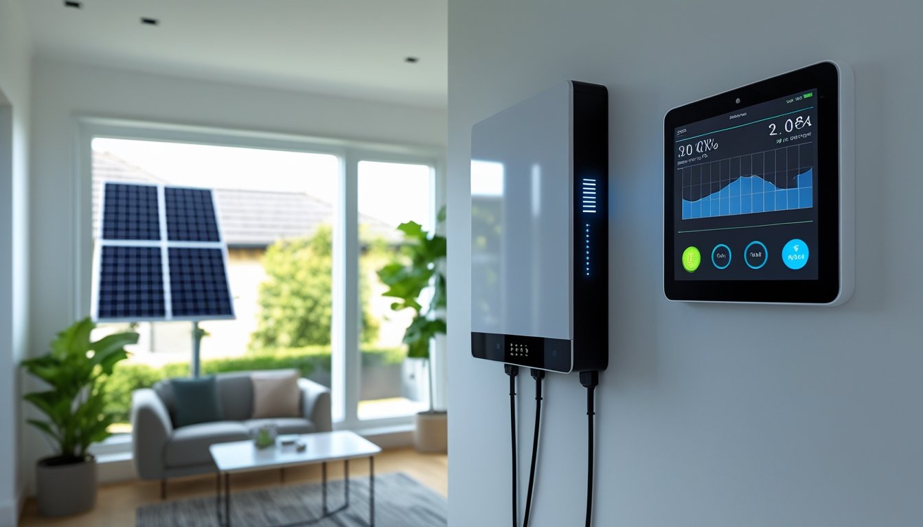 Interior of a modern UK home showing a wall-mounted home battery unit and an energy management display, with a solar panel visible through the window.