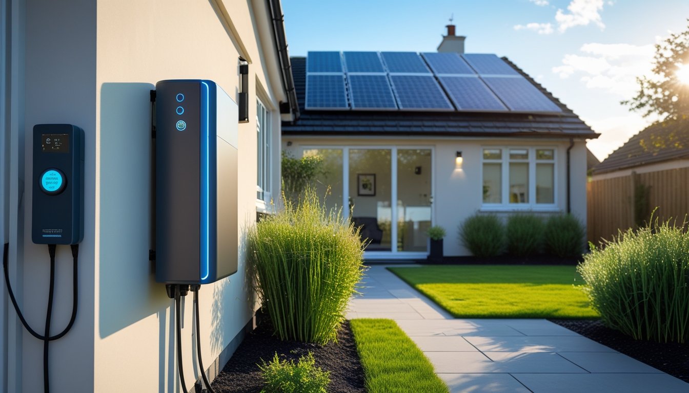 A modern UK home with solar panels on the roof and a wall-mounted energy storage system visible outside, surrounded by a garden.