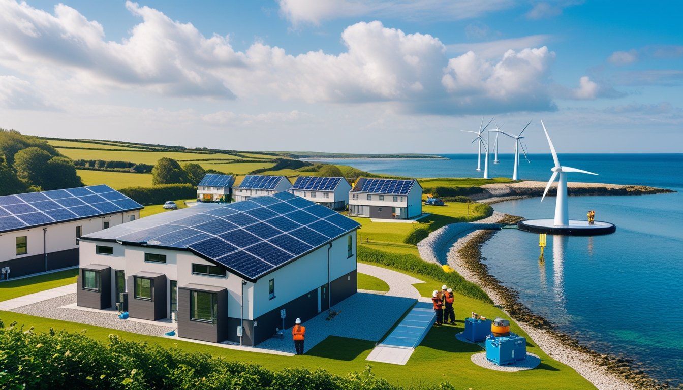 Coastal UK homes with solar panels near the sea, offshore wind turbines in the water, and technicians inspecting coastal energy equipment.