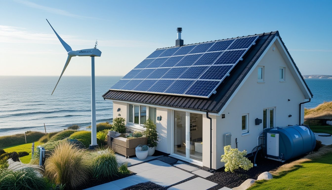 A coastal UK home with solar panels on the roof and a small wind turbine nearby, overlooking the sea on a clear sunny day.