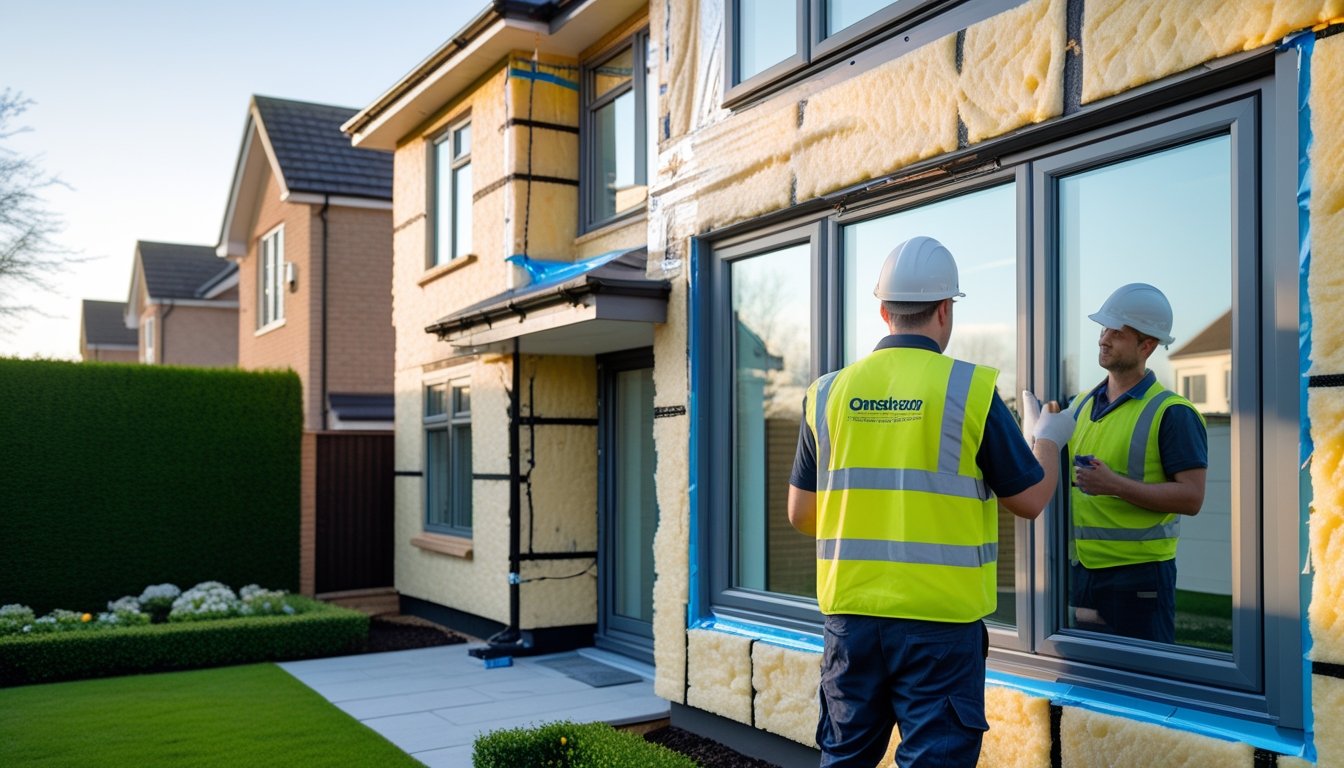 A technician inspecting insulation and energy-efficient windows on a modern UK suburban house surrounded by a garden.