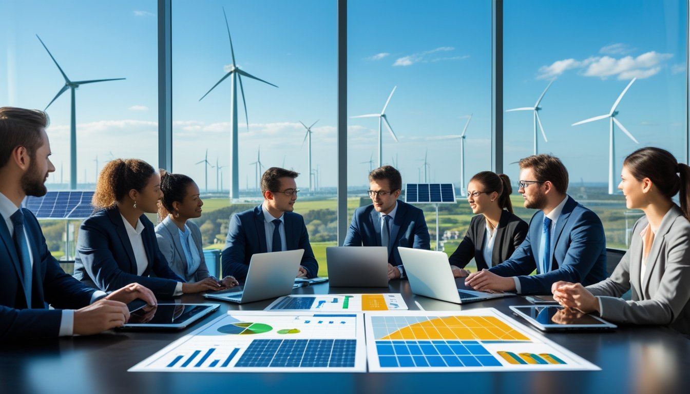A group of professionals discussing renewable energy with charts and devices in an office overlooking wind turbines and solar panels.