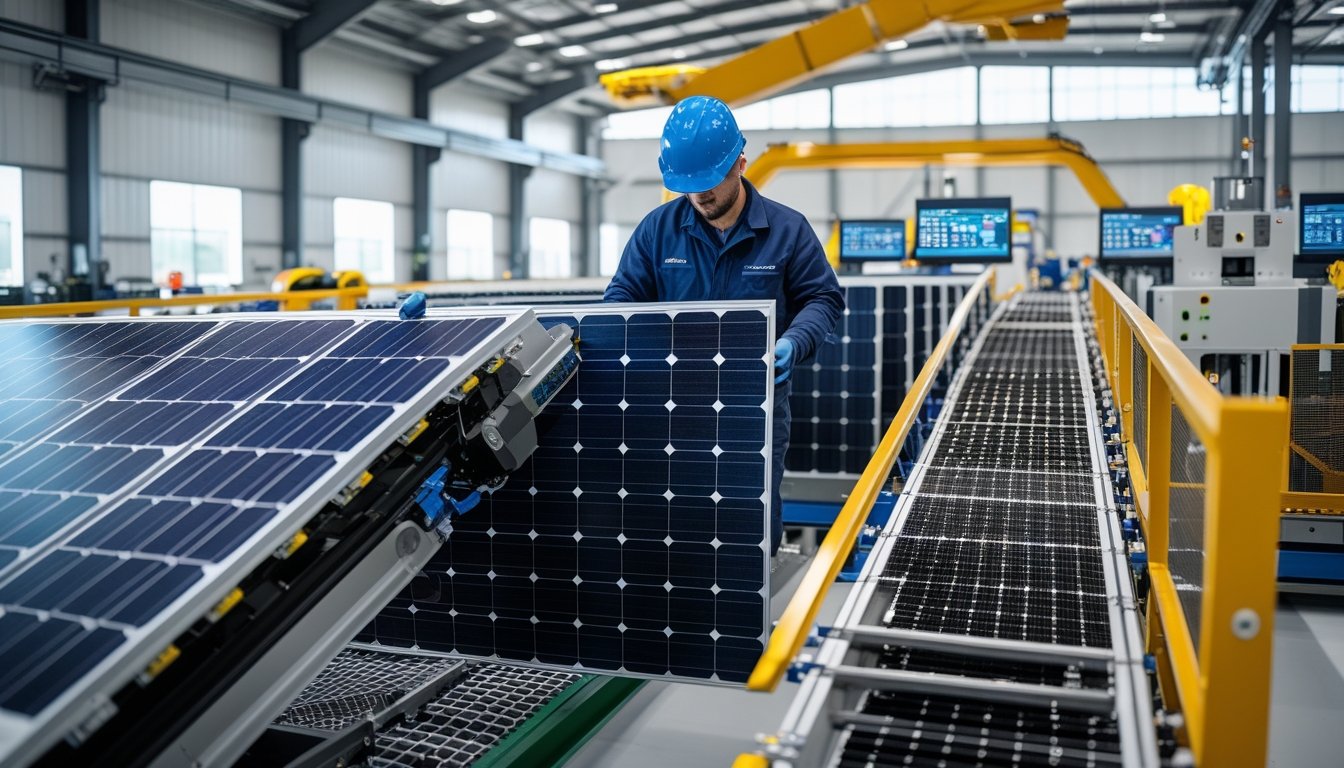 Technicians and robotic machinery working in a solar panel recycling facility with solar panels and equipment in a clean industrial setting.