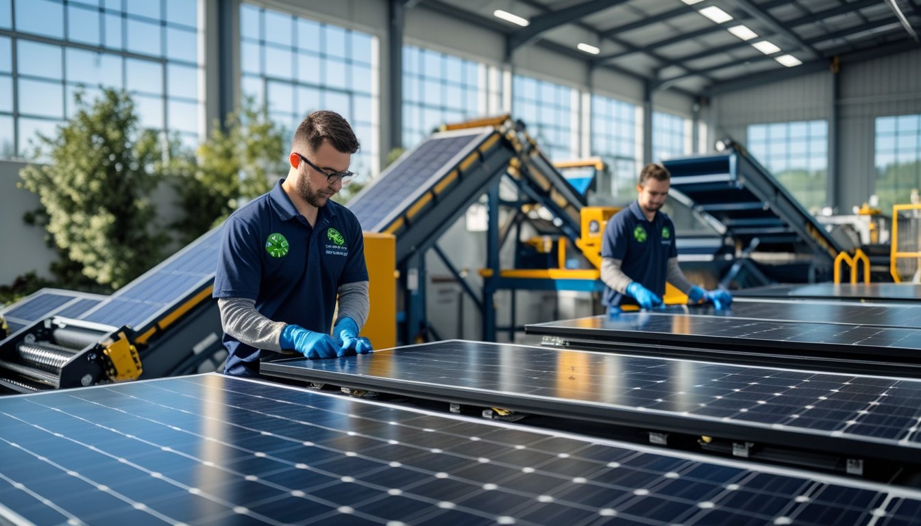 Technicians working with solar panels inside a recycling facility with machinery and solar panels visible outside.