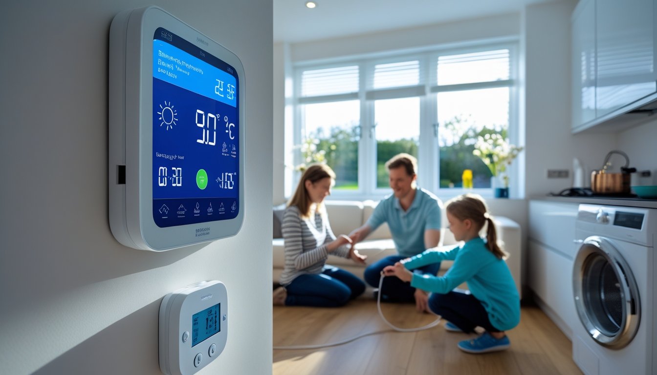 A family in a UK home adjusting a smart thermostat, unplugging devices, and turning off lights to save electricity.