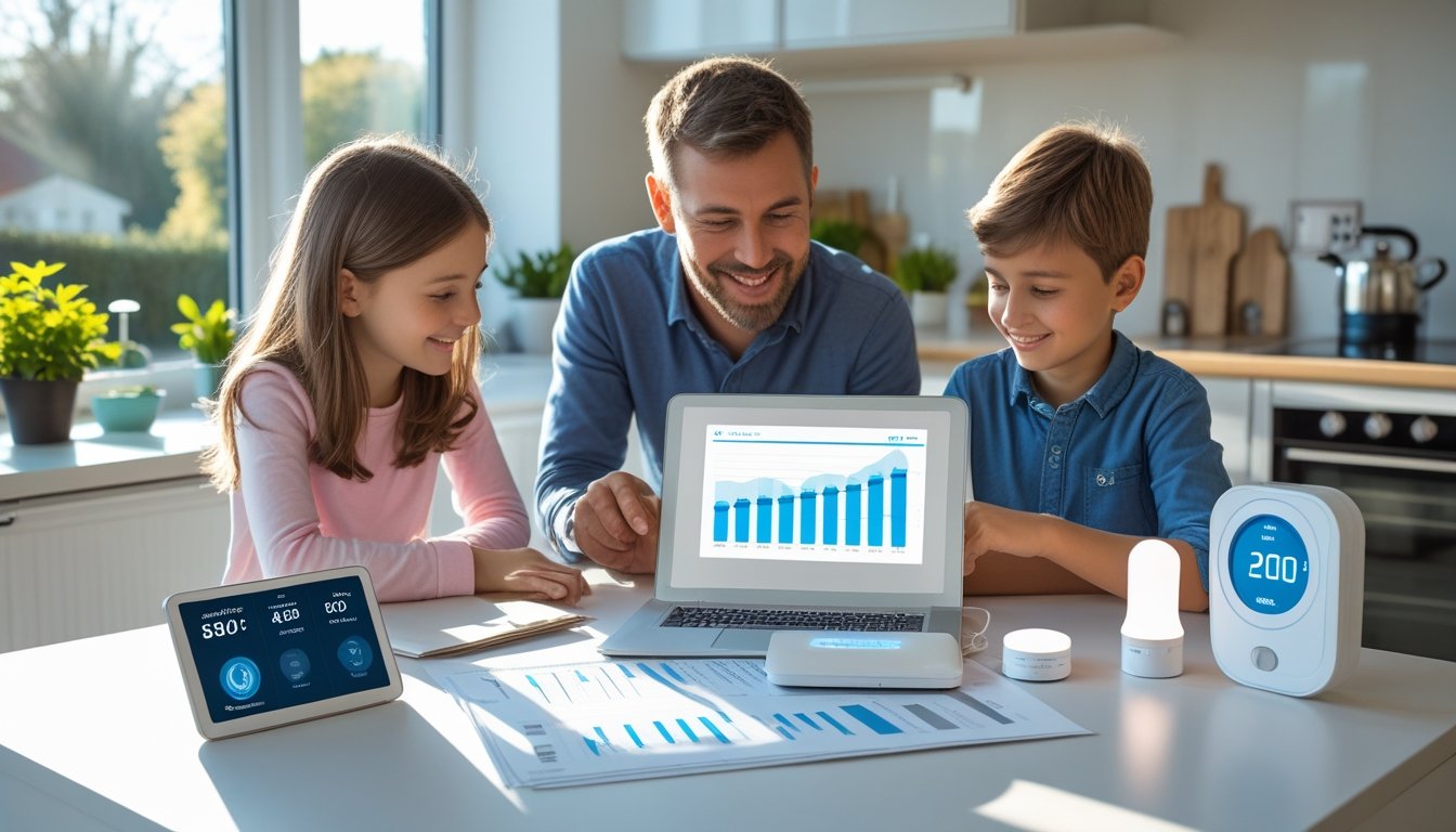 A family in a UK kitchen looking at energy bills and smart devices to reduce electricity costs.