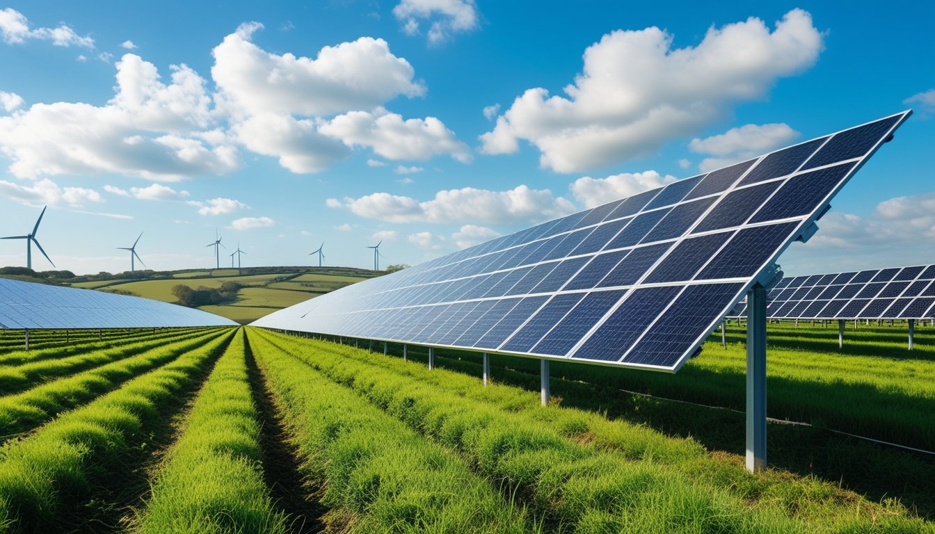 A large solar farm with rows of solar panels in green fields and wind turbines on hills in the distance under a partly cloudy sky.