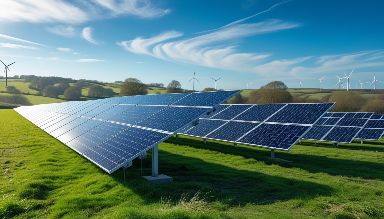 A large solar farm with rows of solar panels set in a green countryside landscape with trees and wind turbines in the distance under a blue sky.
